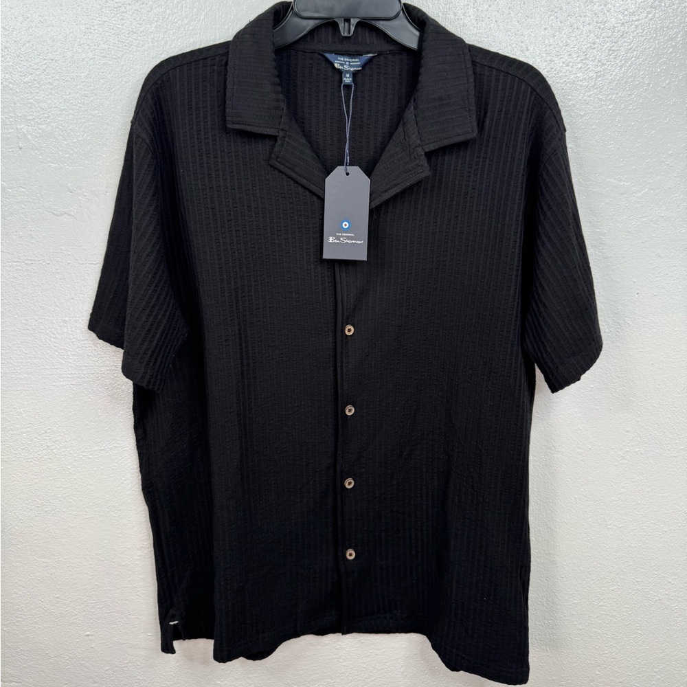 Ben Sherman Resort Shirt Mens M Black Textured Camp Collar Button Up